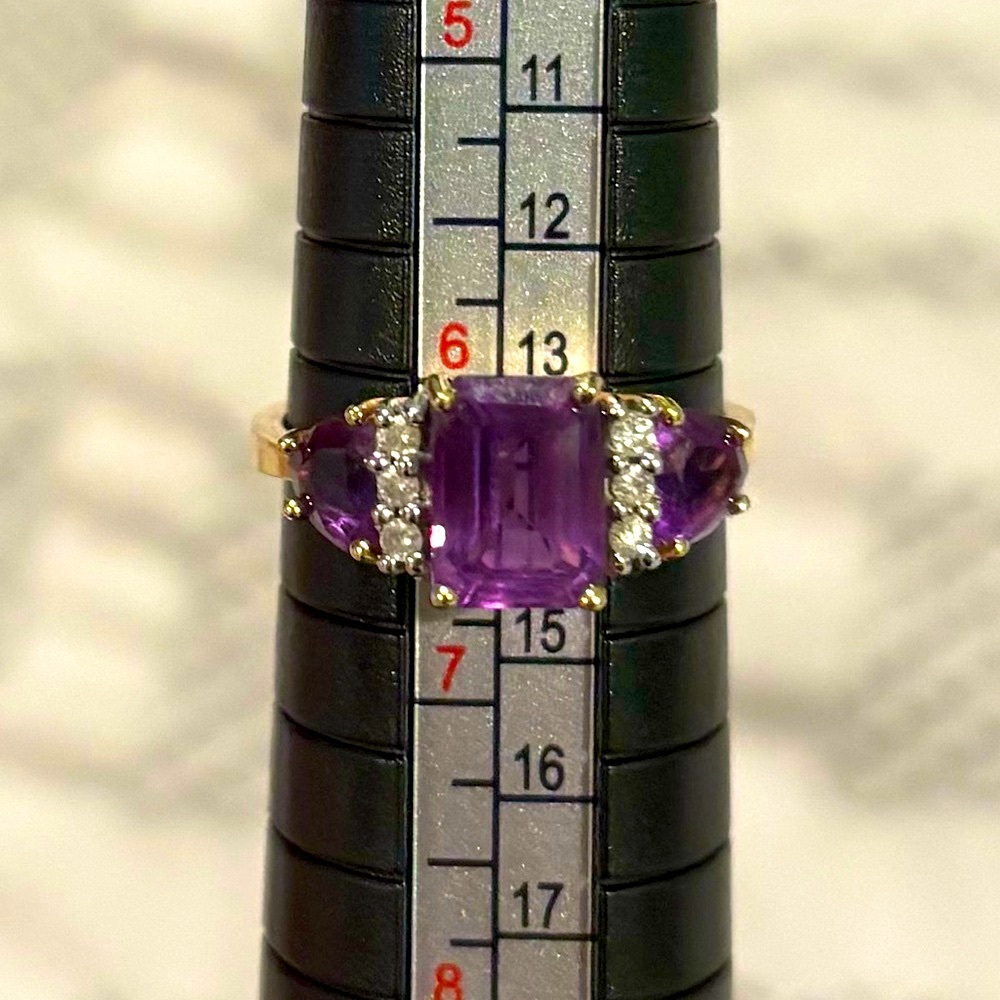 Genuine 14K Yellow Gold & Emerald-Cut Amethyst Antique Diamond Ring, Size 6.25 - Picture 9 of 9